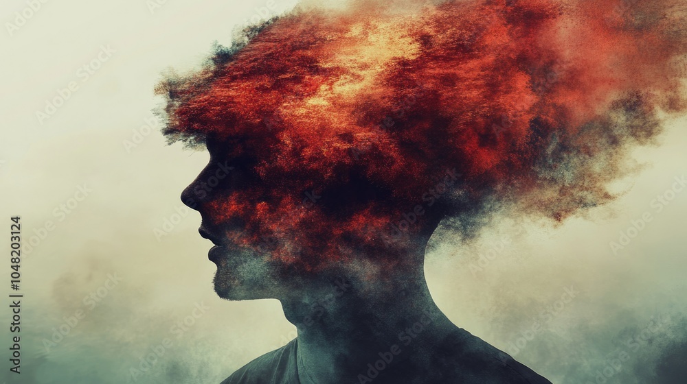 Poster Conceptual image of a head, with surreal visuals like clouds and colors enveloping it, suggesting a medicated experience.
