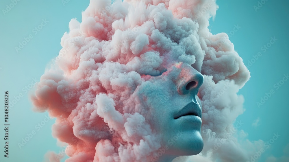 Poster Conceptual image of a head, with surreal visuals like clouds and colors enveloping it, suggesting a medicated experience.