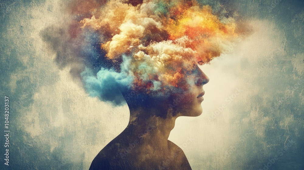 Poster Conceptual image of a head, with surreal visuals like clouds and colors enveloping it, suggesting a medicated experience.