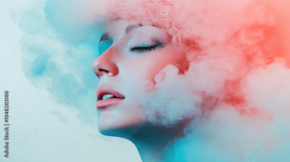 Poster Conceptual image of a head, with surreal visuals like clouds and colors enveloping it, suggesting a medicated experience.