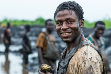 Happy African man with golden nugget on a mining site.