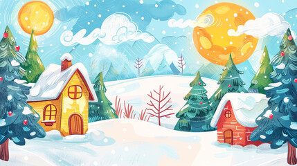 A winter scene with a yellow house and two red houses