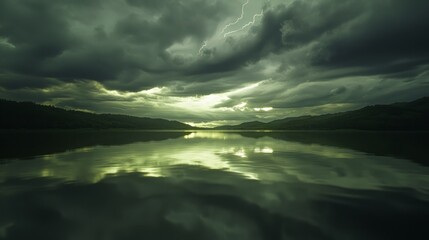 Obraz premium Stormy Reflections: Serene Lake Under Dark Clouds with Lightning - Ultra-Detailed Nature Landscape Photography