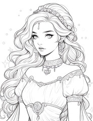 Fototapeta premium A beautiful princess with long, flowing hair and delicate jewelry coloring page for adults to color. 