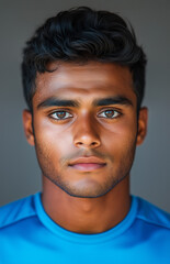 Fototapeta premium Close up portrait of a young Indian boy in a blue sports jersey