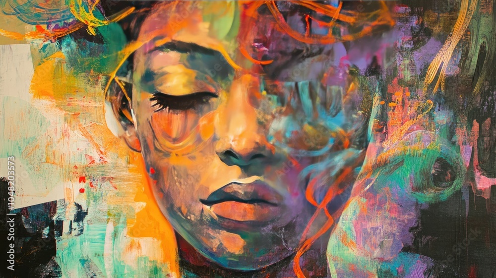 Poster dreamlike portrait of a person with overlaying abstract colors and lights, symbolizing the surreal s