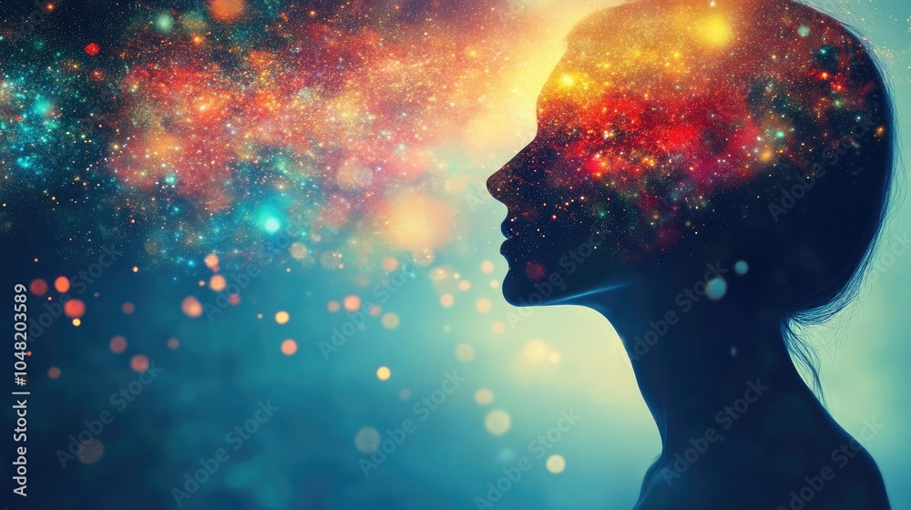Poster Dreamlike portrait of a person with overlaying abstract colors and lights, symbolizing the surreal state of a medicated mind.