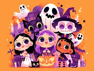 halloween party at william's house, cartoon characters, children dressed in halloween costumes and holding candy bags, bright orange background with yellow stripes and purple dots for each character, 