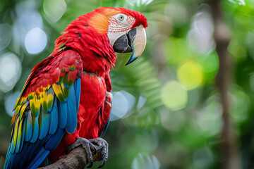 A colorful parrot is perched on a branch in a lush green forest