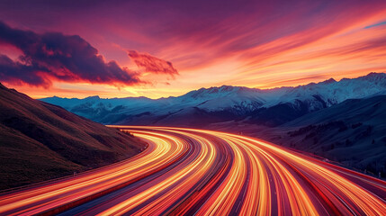A long exposure cinematic photograph of a highway with mountains at sunset