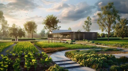 Modern House with Large Windows and Surrounding Garden