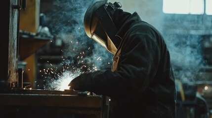 A Welder Wearing a Mask Works on Metal with Sparks Flying