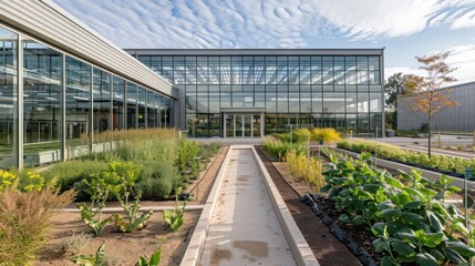 Fototapeta premium Modern Building with a Courtyard Garden and Pathway