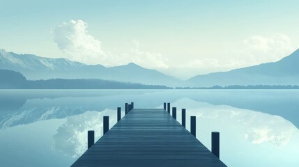 Minimalist pier on a quiet lake, with gentle reflections of the mountains and clouds, evoking calm and simplicity.
