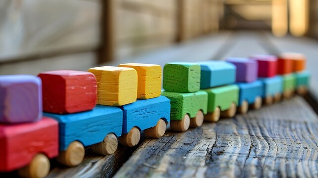 Wooden train cars arranged in a line pulling colorful blocks