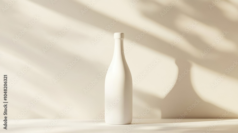 Aufkleber minimalist white bottle mockup on a light background, standing upright with soft lighting, and no la