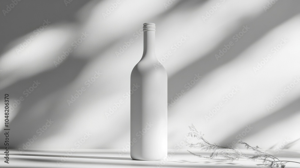Aufkleber minimalist white bottle mockup on a light background, standing upright with soft lighting, and no la