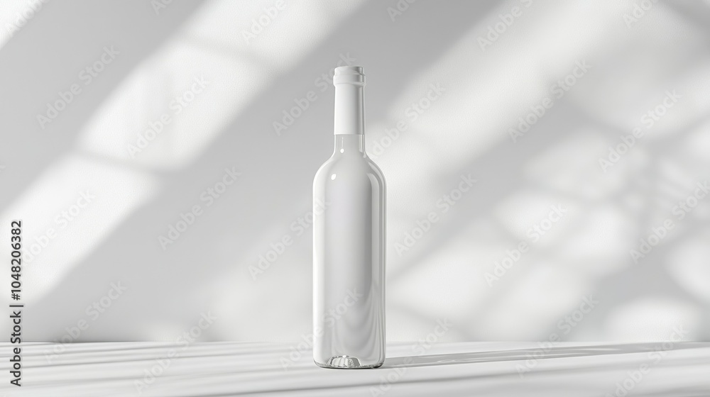 Aufkleber minimalist white bottle mockup on a light background, standing upright with soft lighting, and no la