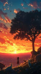Fototapeta premium A serene sunset scene featuring a silhouette of a person and animals under a large tree.