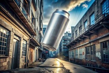Elegant Silver Soft-Drink Can in Mid-Air with Urban Exploration Vibes for Stunning Visuals
