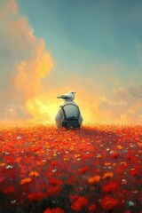 A serene figure sits in a vibrant flower field, with a bird perched on their shoulder at sunset.