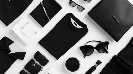 Naklejka premium Neat arrangement of black and white clothing and accessories in flat lay format on a clean background; high fashion minimalist style.