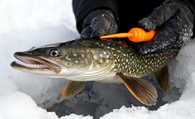 Obraz premium An ice fisherman pulls a fish out of a hole.