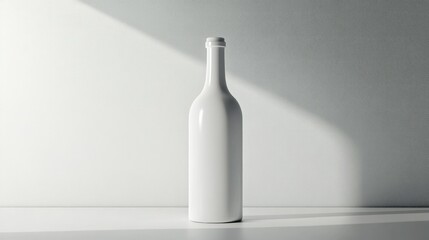 Plain, sleek white bottle mockup, centered on a blank background, soft lighting emphasizing its contours, ideal for design previews.