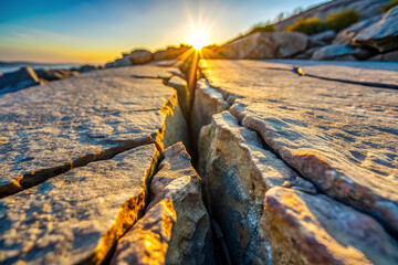 Obraz premium A stunning sunset illuminates a rocky landscape, highlighting a crack in the stone, with warm colors blending into the serene atmosphere.