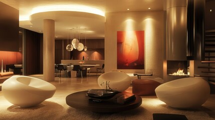 Stylish, modern living space with round chairs, a sleek dining setup, abstract art, and warm, cozy lighting, all in a neutral color palette