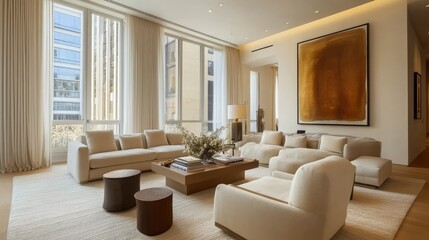 Spacious, modern living room with neutral shades, contemporary furniture, abstract decor, and soft lighting for a relaxing, minimalist aesthetic