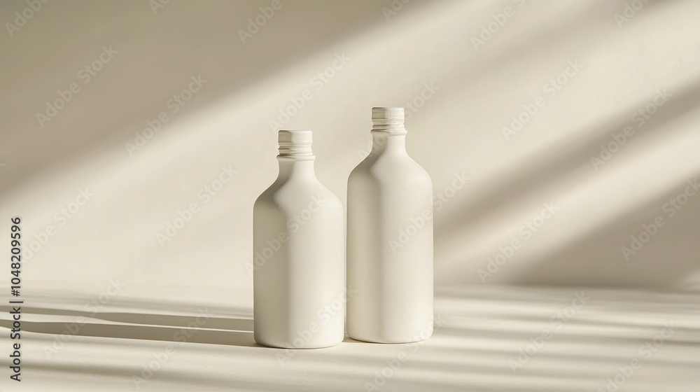 Poster Two plain white bottles standing side-by-side, isolated on a light background, with shadows for depth and a minimalist vibe.