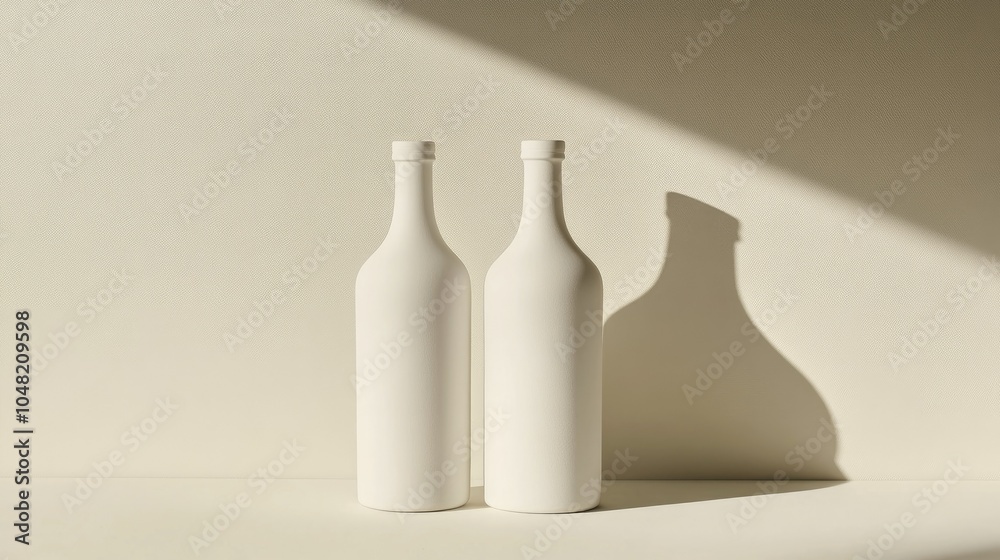 Poster Two plain white bottles standing side-by-side, isolated on a light background, with shadows for depth and a minimalist vibe.