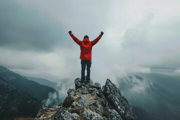 Obraz premium A man in a red jacket is standing on a mountain top