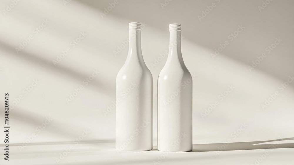 Poster Two plain white bottles standing side-by-side, isolated on a light background, with shadows for depth and a minimalist vibe.