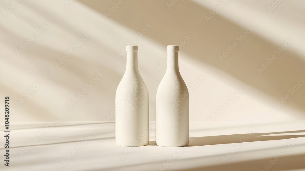 Poster Two plain white bottles standing side-by-side, isolated on a light background, with shadows for depth and a minimalist vibe.