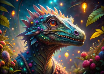 Obraz premium Enchanting Close-Up of a Magical Dinosaur in High Dynamic Range Fantasy Illustration