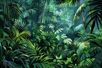 Fototapeta premium A lush green jungle with tall trees and a variety of plants