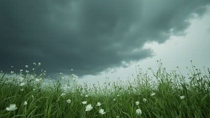 Obraz premium Dual Nature's Symphony - Wildflower Field Swaying in Wind with Dark Ominous Clouds Gathering, Ultra-Detailed Photography of Contrasting Elements