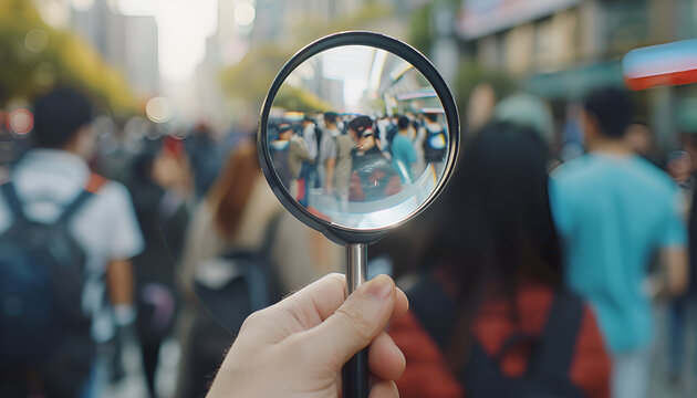 businessman is studing a crowd of people with a magnifying glass. Hr search candidates for work, staff recruiting