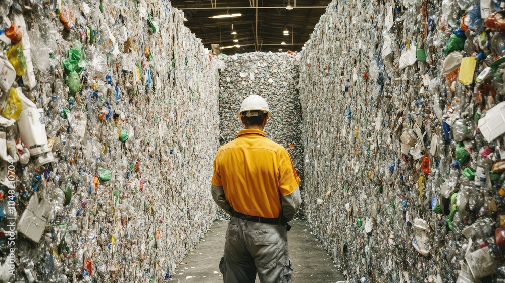 Poster Worker operating recycling machinery, showcasing the process of converting plastic waste into reusable materials