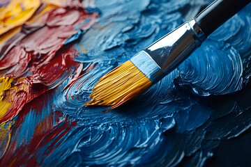 Obraz premium A close-up of a paintbrush applying vibrant colors to a textured canvas, showcasing the beauty of artistic creation and the interplay of hues.