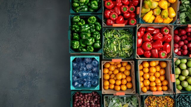 Colorful variety of fresh fruits and vegetables in crates - Powered by Adobe