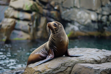 Fototapeta premium A seal is sitting on a rock in front of a large rock wall