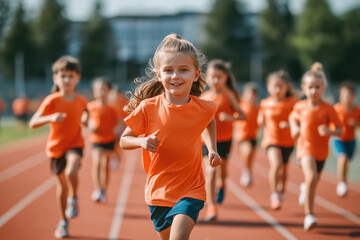 A group of young girls are running on a track, wearing orange shirts