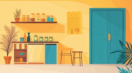 Stylish kitchen interior with vibrant colors and simple decor.