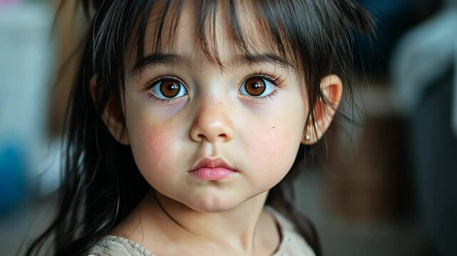 close up portrait of young shy Japanese girl sitting at home 