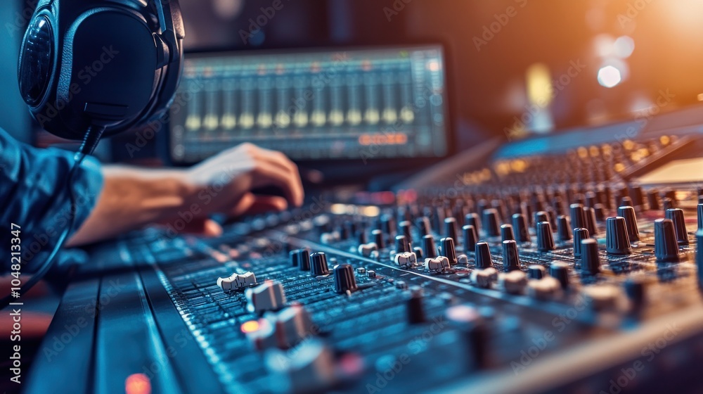 Poster person adjusting knobs on a sound mixing console in a recording studio