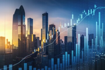 Virtual Financial Graph Overlay on Modern Office Building Background Illustrating Forex and Investment Concepts