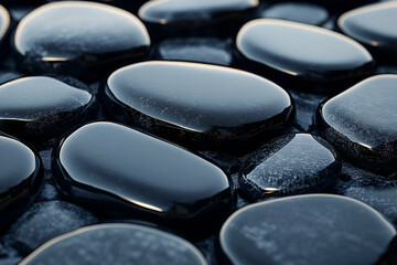 A close-up view of smooth, dark pebbles arranged closely together, showcasing their glossy surfaces and reflective qualities.